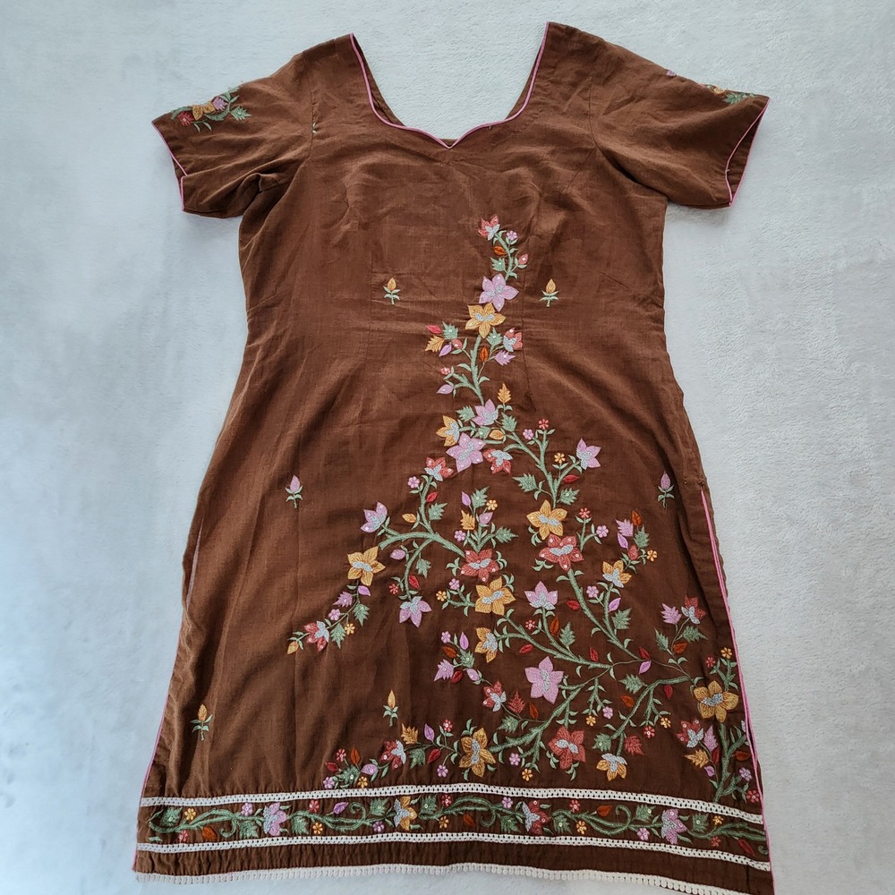 Embroidered Floral Kurti Tunic Dress Womens Medium Brown Earthy Forest Botanical
